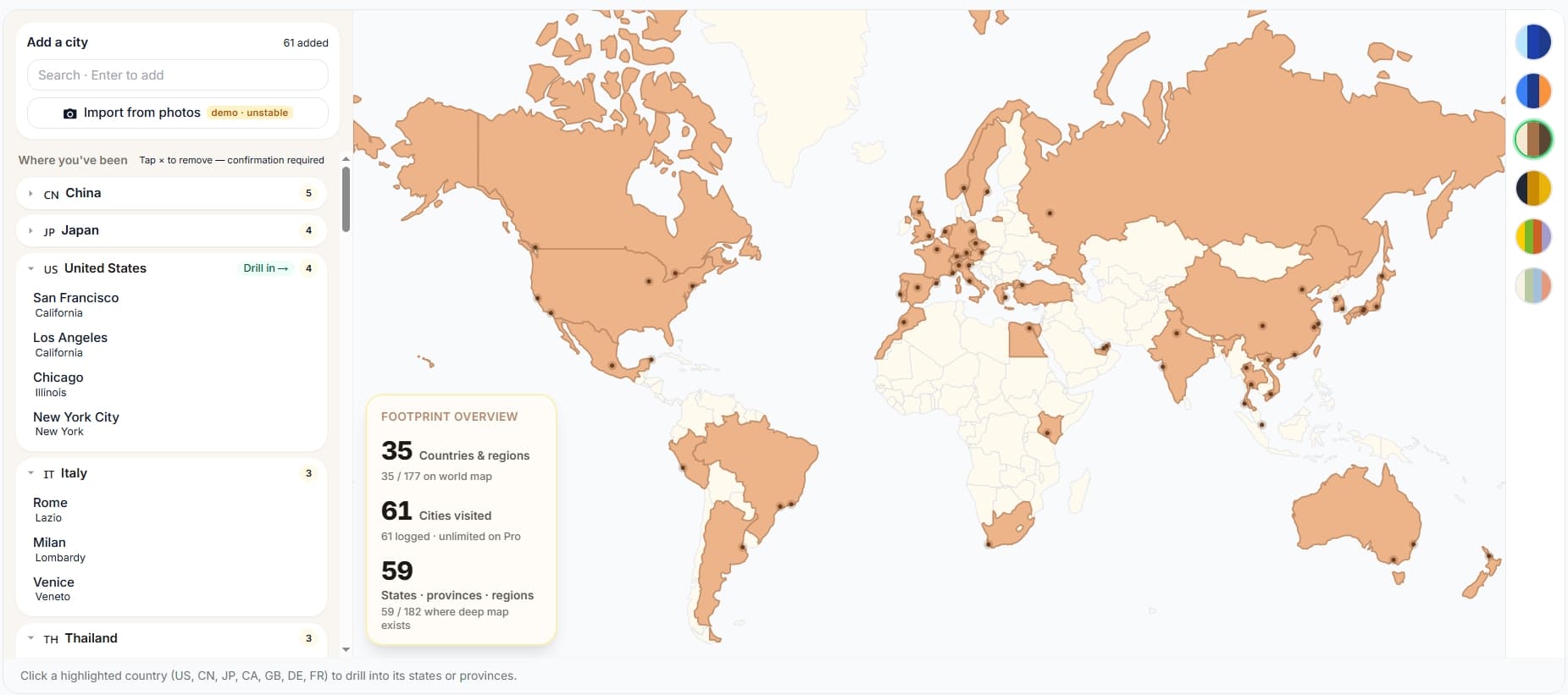 Streakly visited countries map showing 35 countries and 61 cities with a city list sidebar